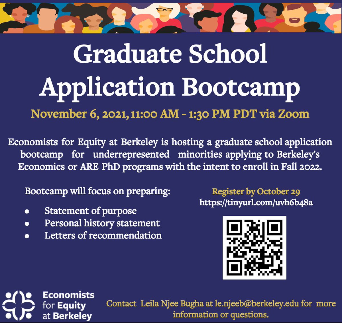 Currently applying to Berkeley’s Economics or ARE PhD programs? The student-led BEE Graduate School Application Bootcamp on November 6th will help underrepresented minority applicants prepare their SOPs, personal history statements, and letters of recommendation packets. 1/2