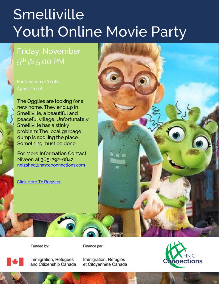 HMCConnections's tweet photo. All newcomer youth ages 11 to 18 invited to #free #movie #Smelliville. Please register here: https://t.co/N8eB6AxiNI
Don't miss any our free events, subscribe to #HMCConnections #news: https://t.co/0r9Z9upOA9 https://t.co/ymQBZIRE2r