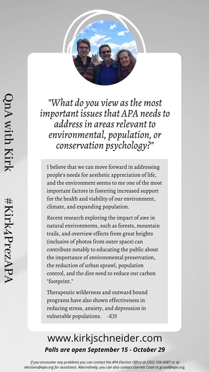 kirk_apa's tweet photo. Our ecological health is our physical and mental health - we are interconnected and I accept the responsibility to care about the holistic person, the whole of APA, and the contexts within which we thrive. Voting ends this week #CastYourBallotForConsciousness #Kirk4PrezAPA https://t.co/9wb3LoDZTa