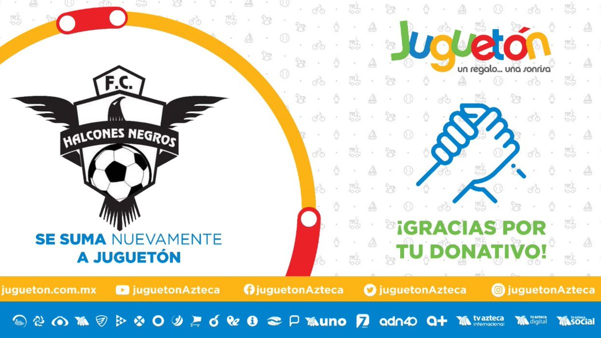¡ <a href="/HalconesNegrosF/">Halcones Negros FC</a> se suman por segundo año consecutivo al #JuguetónAzteca! 🥳☺️

Con su apoyo lograremos millones de sonrisas
¡Gracias! 👏 👧👦