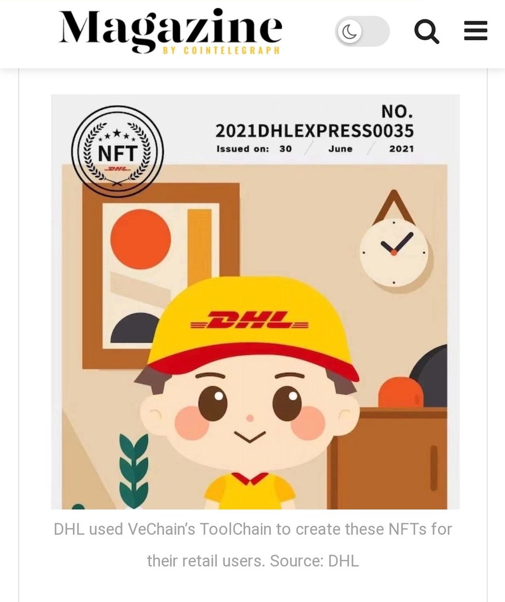 eisenreich's tweet photo. VeChain x Wanxiang Blockchain Week
"Last week, logistics company DHL announced an NFT launching on the VeChain mainnet. These NFTs are emerging as a way to reward customers." ๐ค
#BlockchainNotCrypto ๐จ๐ณ
#VeChain $VET #VeFam $BTC #Bitcoin #NFTs #NFTCommunity #NFTCollector https://t.co/ORPwi4GmDJ