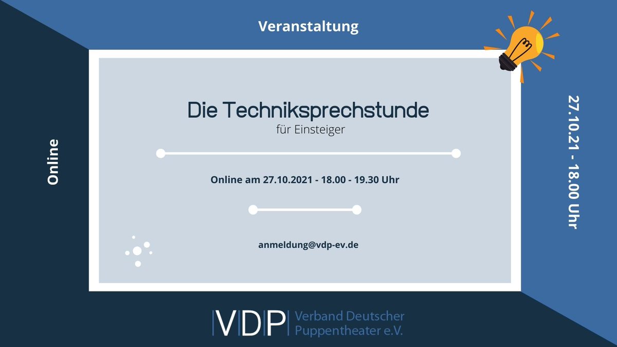 In der Techniksprechstunde vom VDP am Mittwoch um 18.00Uhr kannst du dich kostenfrei zu allen theatertechnischen Problemen beraten lassen.
anmeldung@vdp-ev.de