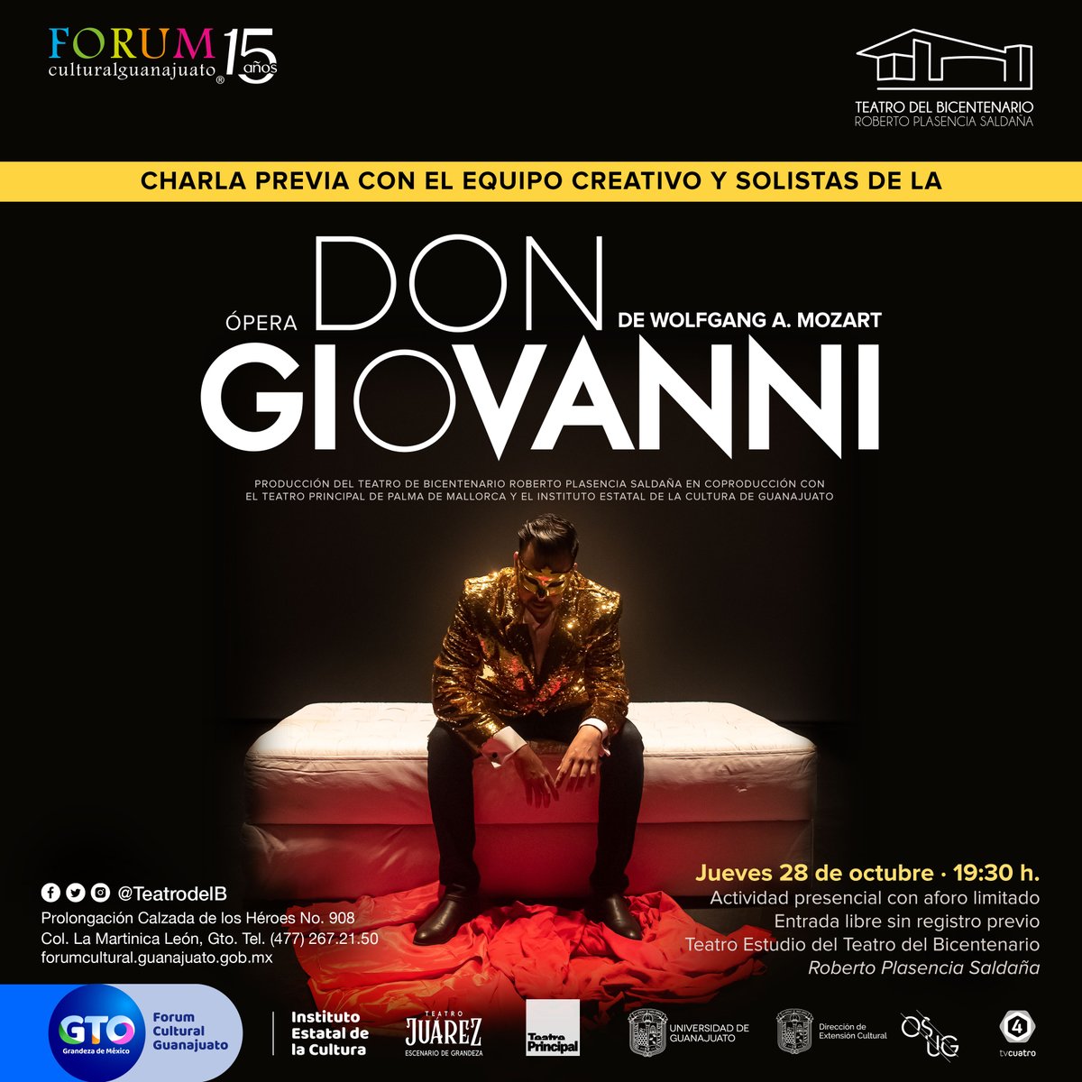 ForumCultural's tweet photo. Conoce en voz del equipo creativo y de los solistas todos los detalles detrás de la ópera "Don Giovanni", de Mozart. Sus motivaciones, su dilema, sus pasiones, etc.

Acompáñanos el HOY, 19:30 h en el Teatro Estudio del @teatrodelb, la entrada es gratuita. https://t.co/xhLXdwiEoq
