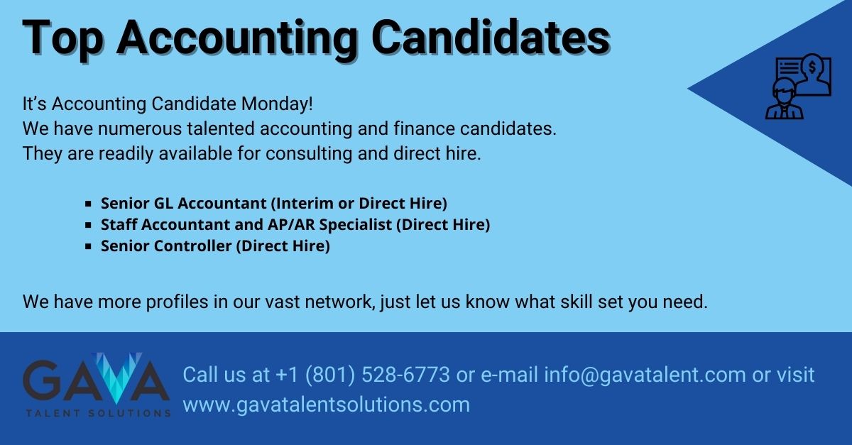 Our Bay Area Gava Talent Solutions team has a vast network of accounting candidates who are readily available for consulting and direct hire opportunities. Contact us for more information!

#AccountingMondays #Hiring #Solutions #Careers #GUCorp