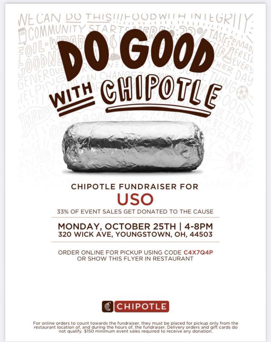 Come support the USO today at the Chipotle on Wick Ave from 4-8! All the money raised benefits the USO!