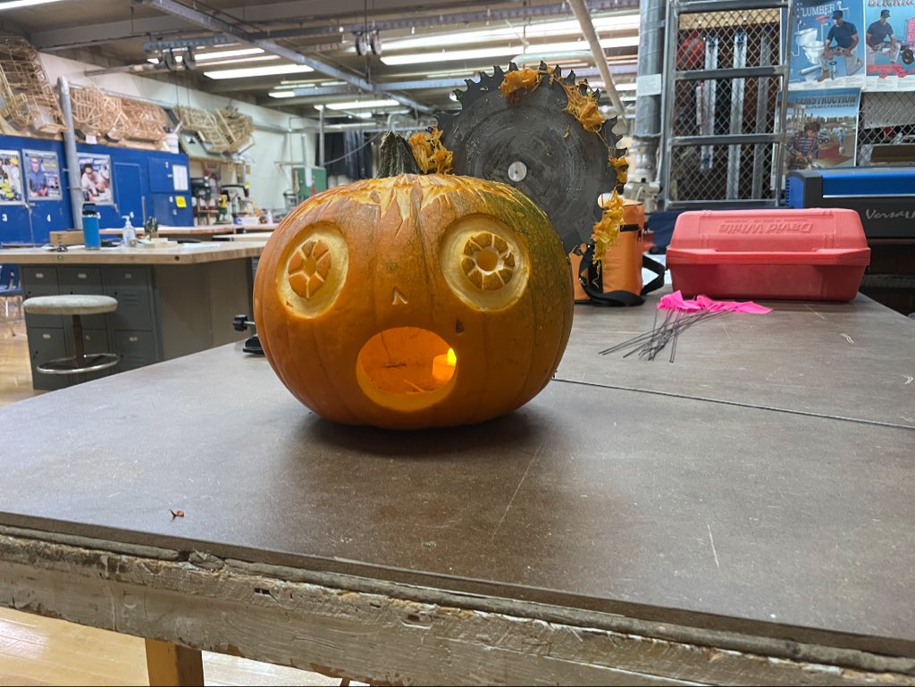 HaneyMicky's tweet photo. Happy Halloween from the yearly HHS Woodshop pumpkin. https://t.co/mCNraHCwo0