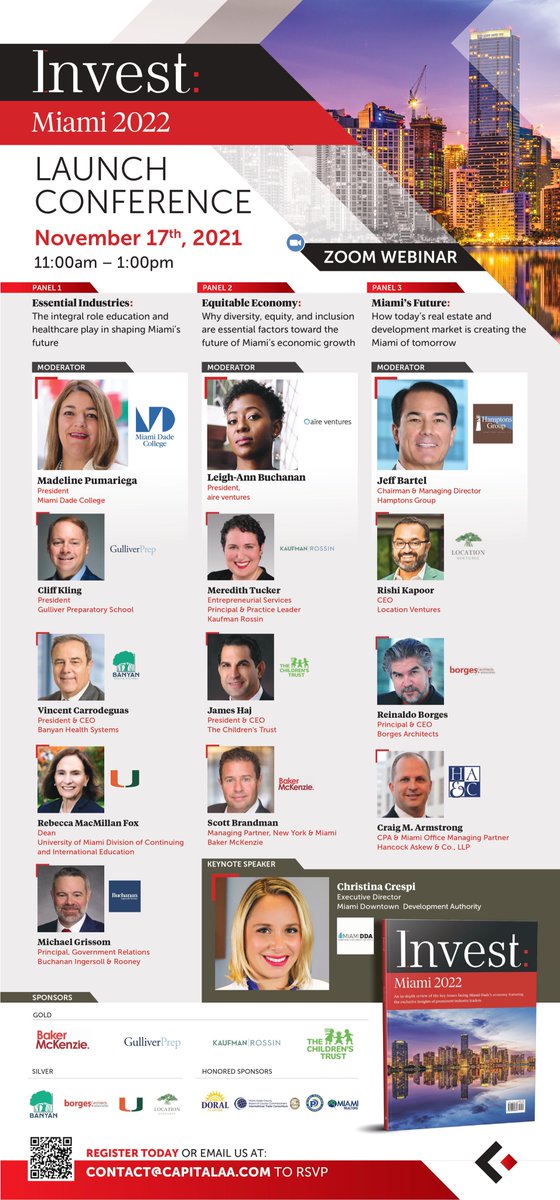 Invest_Miami's tweet photo. The 'Essential Industries' lineup for the Invest: Miami 2022 Launch Conference!
👉 Register here: https://t.co/8DUPFuGzlc
👉 Learn more: https://t.co/73NF7uiFQ6
@MDCollege @CliffKling @ContinueUM @buchanannews #investmiami2021 #virtualconference #miamileaders https://t.co/y2HC9juyv1