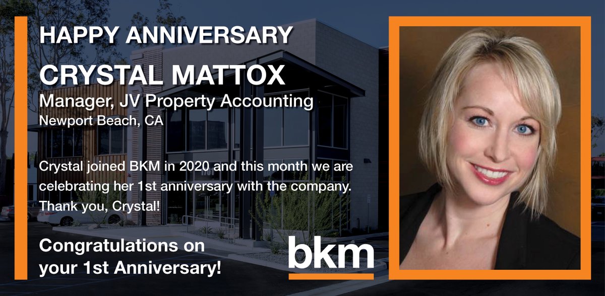 bkm_management's tweet photo. Join us in congratulating Crystal Mattox on her 1st anniversary with the company. Thank you, Crystal!

#BKMCP #BKMMGMT #TeamBKM #CompanyCulture #Milestone #Anniversary https://t.co/Kztdt9Fvjh
