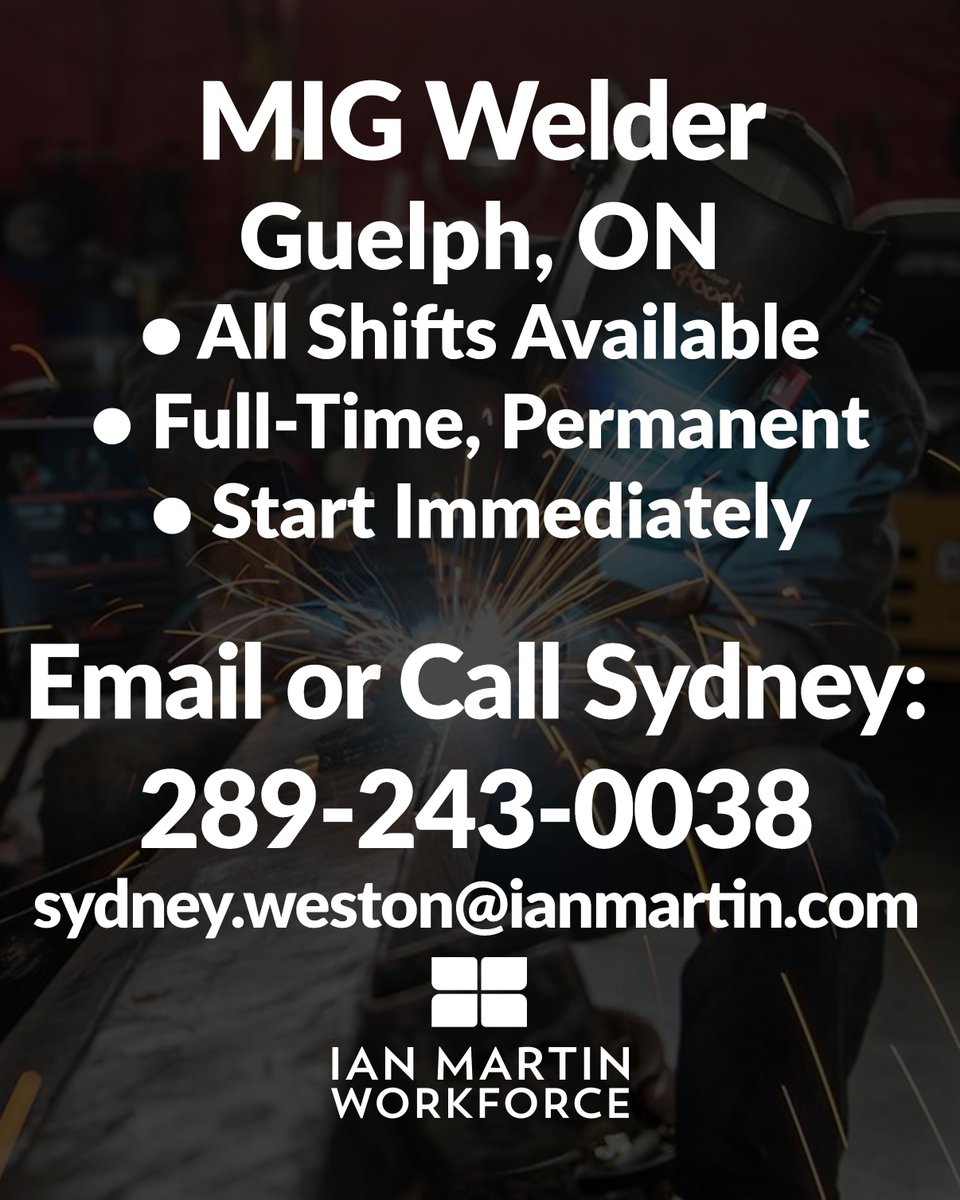 raiseworkforce's tweet photo. #Nowhiring #MIG #Welder in #Guleph, On.

 Looking to hire #MIG #Welders of all levels of experience.

https://t.co/ueyu0mK5PR

Interested? Please contact Sydney Weston

#welding #cwb #welder #gmaw https://t.co/Avnnysb76g