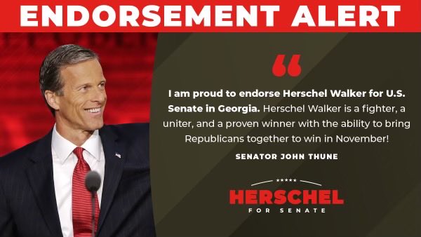 Thank you @SenJohnThune for your support! The road to taking back the Senate runs through GEORGIA and I look forward to working with you in Washington! 🇺🇸