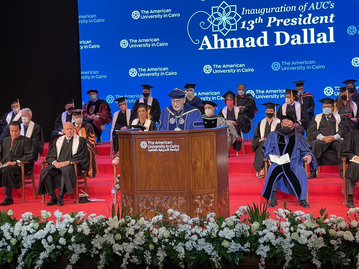 AUC's tweet photo. #LiveFromAUC: “As a distinguished institution of higher education in both Egypt and the region, AUC has shaped the careers of many.” President Ahmad Dallal #AUCInauguration #AUCPresidentDallal https://t.co/NhV5ONXx1A