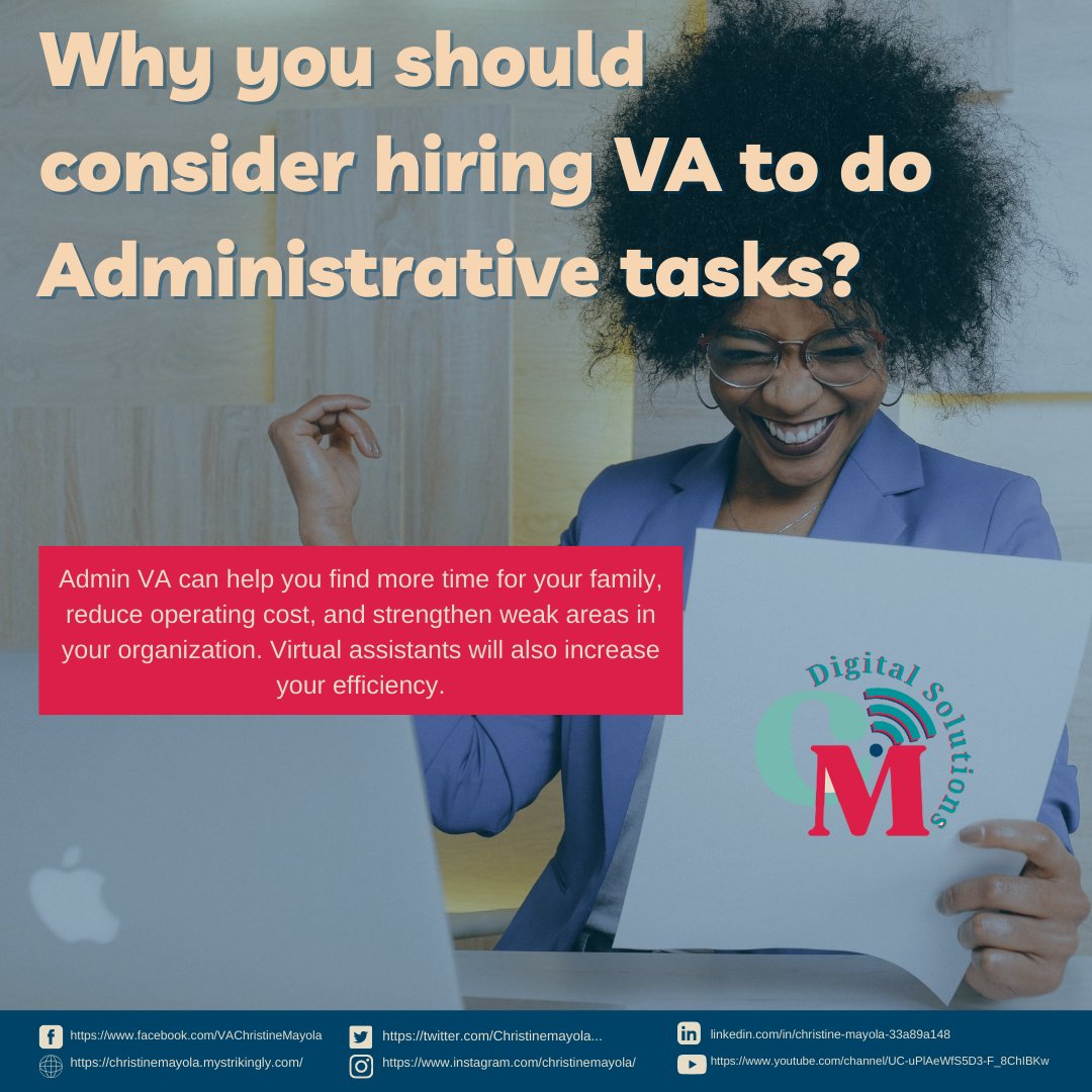 Christinemayola's tweet photo. Let your Virtual Assistant deal with the routine work, while you focus on the more important aspects of your business.
DM me if you have ANY questions at 
https://t.co/hCPSInyYDZ
https://t.co/bLnWS9EKtb
#Yourallinoneva #CMonlinesolutions #virtualassistantforhire #outsource https://t.co/6OR5NgEyoM