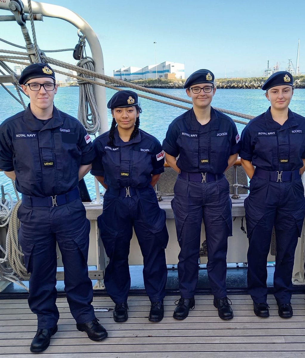 NURNU Office Cadets about to sail on SV Tenacious, a JST tall ship, learning marinisation, making new friends with other URNU's, as well as Cambridge UOTC.