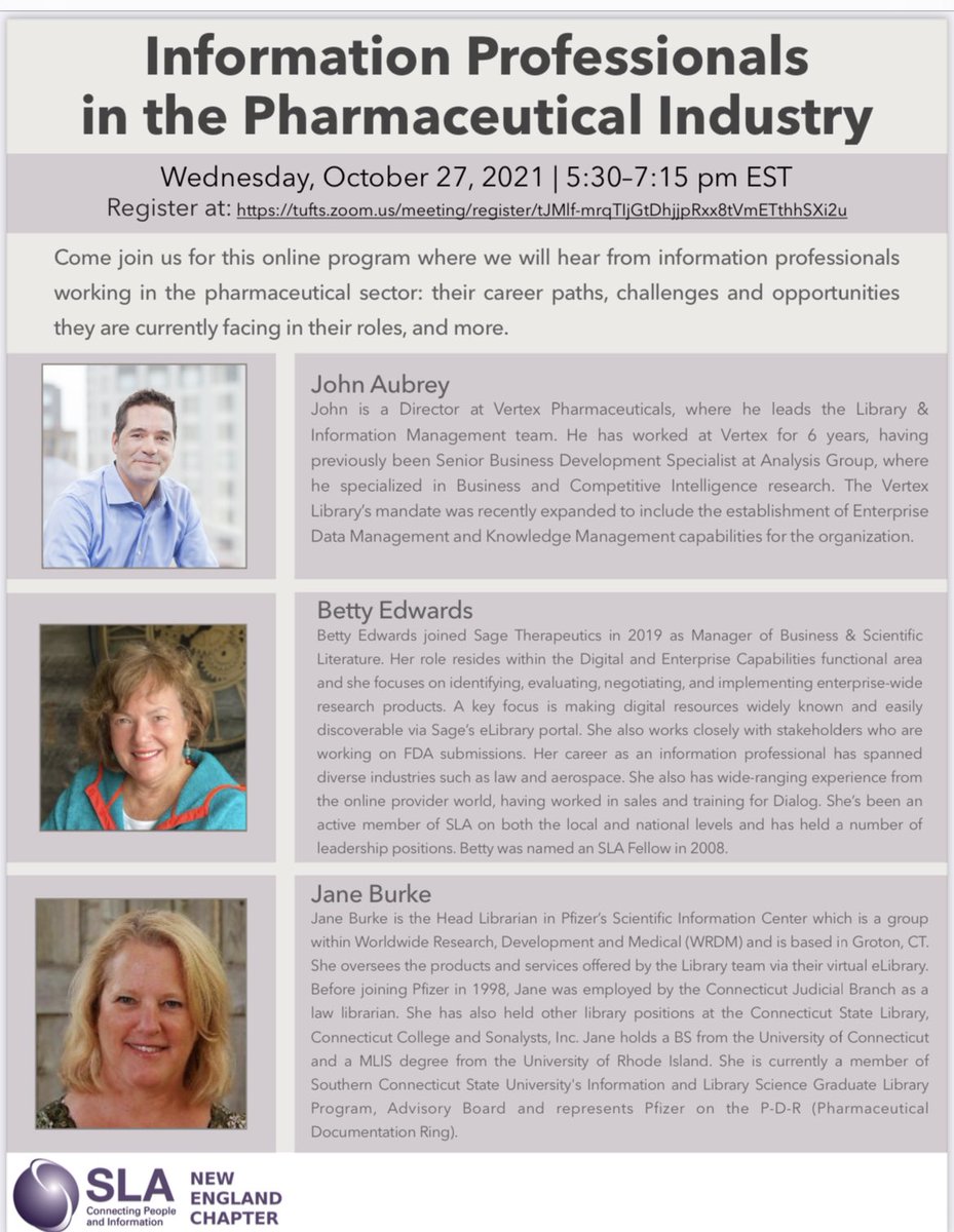 gaurigovil's tweet photo. @SLANewEngland 
Come join @SLANewEngland on 10/27/2021 &amp; hear from information professionals working in the Pharma sector

Register in advance for this meeting at: https://t.co/JjMx7QxFKm https://t.co/p5LV7SAS5h