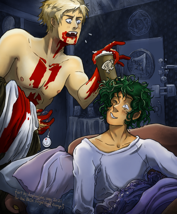 jae494f0's tweet photo. ✨ turning one's head and accidently bumping into a drink ✨ very cute

My gift for @deku_kyun as part of the @bkdkfrightnight exchange! Notes &amp; non-bloody version in the relies! I hope you enjoy and have an amazing week! #BkdkFrightNight2021 #bakudeku #bkdk ☕🍻 https://t.co/rTIDN965x2