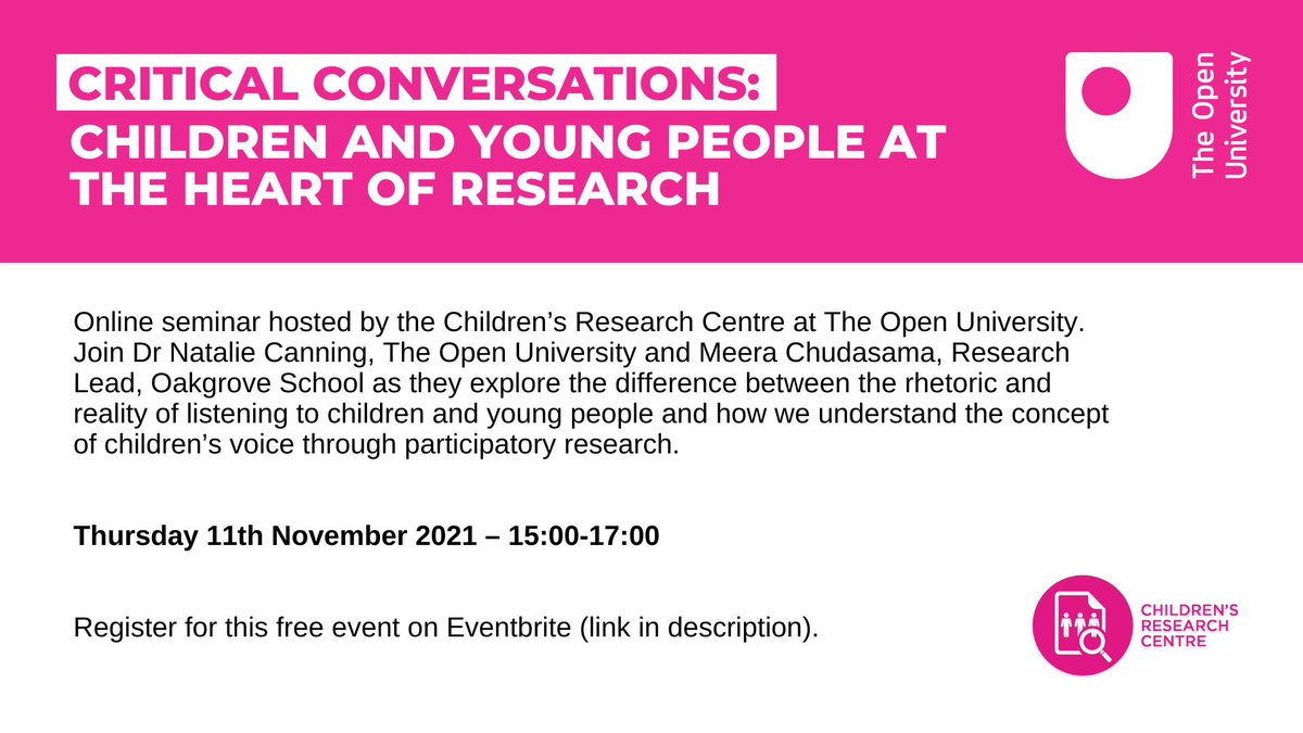 👀👉Join us as we explore the difference between the rhetoric and reality of listening to children and young people and how we understand children’s voice through participatory research.  
Register for free: bit.ly/3vxzyC6