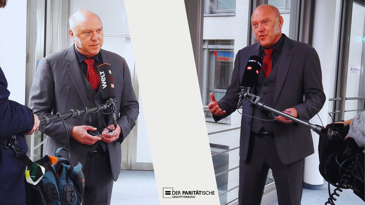 Bild mit zwei Interview-Szenen mit dem Hauptgeschäftsführer des Paritätischen Gesamtverbands Ulrich Schneider. Auf der linken Seite ein Foto des Interviews mit Welt TV, rechts ein Foto des Interviews mit RTL. In der Mitte ein grauer Balken und dem Logo des Paritätischen Gesamtverbandes.