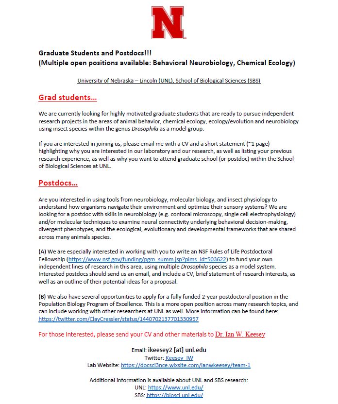 PLS RT!!! We are recruiting grad students and #postdoc for our brand new lab! Interested in the connections between chemical ecology, neurobiology, and microbiology? Join our team at @UNLsbs! #postdocjobs #research #chemicalecology #ecology #neurobiology #evolution #microbiology