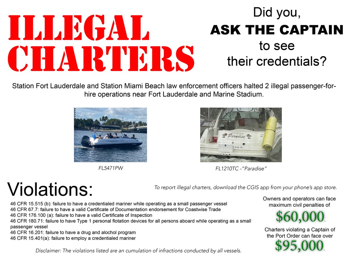 USCGSoutheast's tweet photo. #WeeklyDigest @USCG Station Fort Lauderdale and Station Miami Beach #LawEnforcement officers halted 2 illegal charters last week near #FortLauderdale and #MarineStadium.
#AskTheCaptain #IllegalCharters @MyFWC https://t.co/MQFb1hyAPu