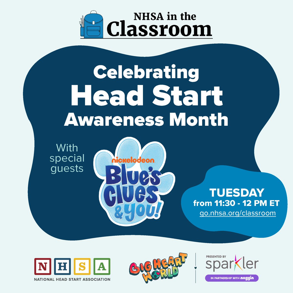 You and your kids are invited! Blue’s Clues and You! is joining @NatlHeadStart and @BigHeartWorld for a musical costume party tomorrow at 11:30 AM EST. Dance, move, and learn all about helping with Blue and other fun friends! Register for free at go.nhsa.org/classroom.