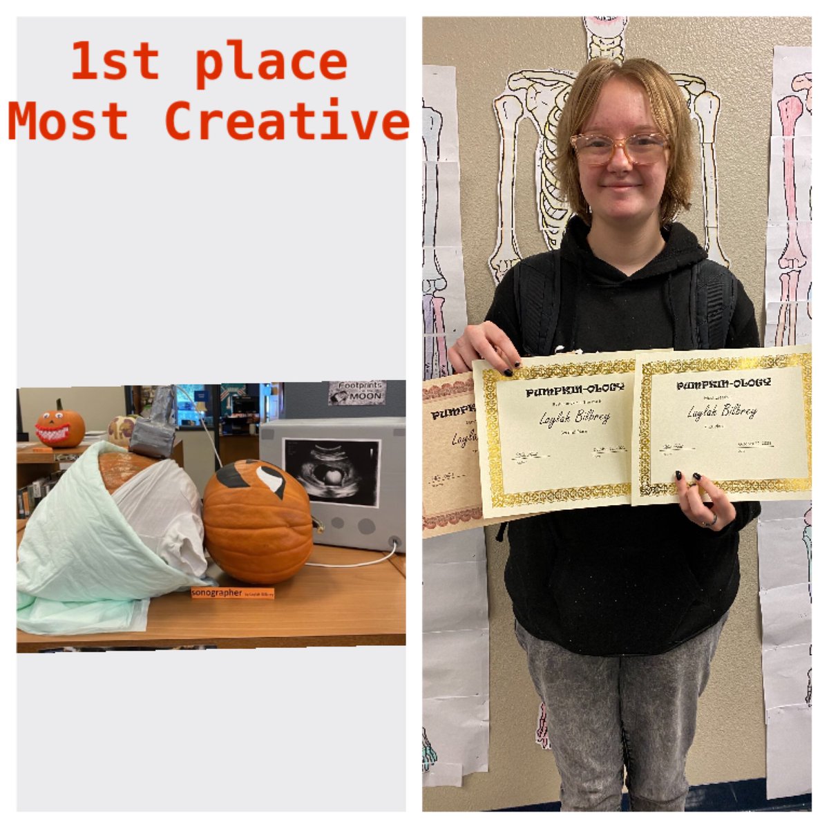 LampasasHealth's tweet photo. Pumpkin-ology Winners for Most Creative!  Congratulations Laylah, Morgan, and Nate!
#WhatADistrictLTX @LampasasHealth @BadgerHS_Prin https://t.co/SD5wSVQfMi