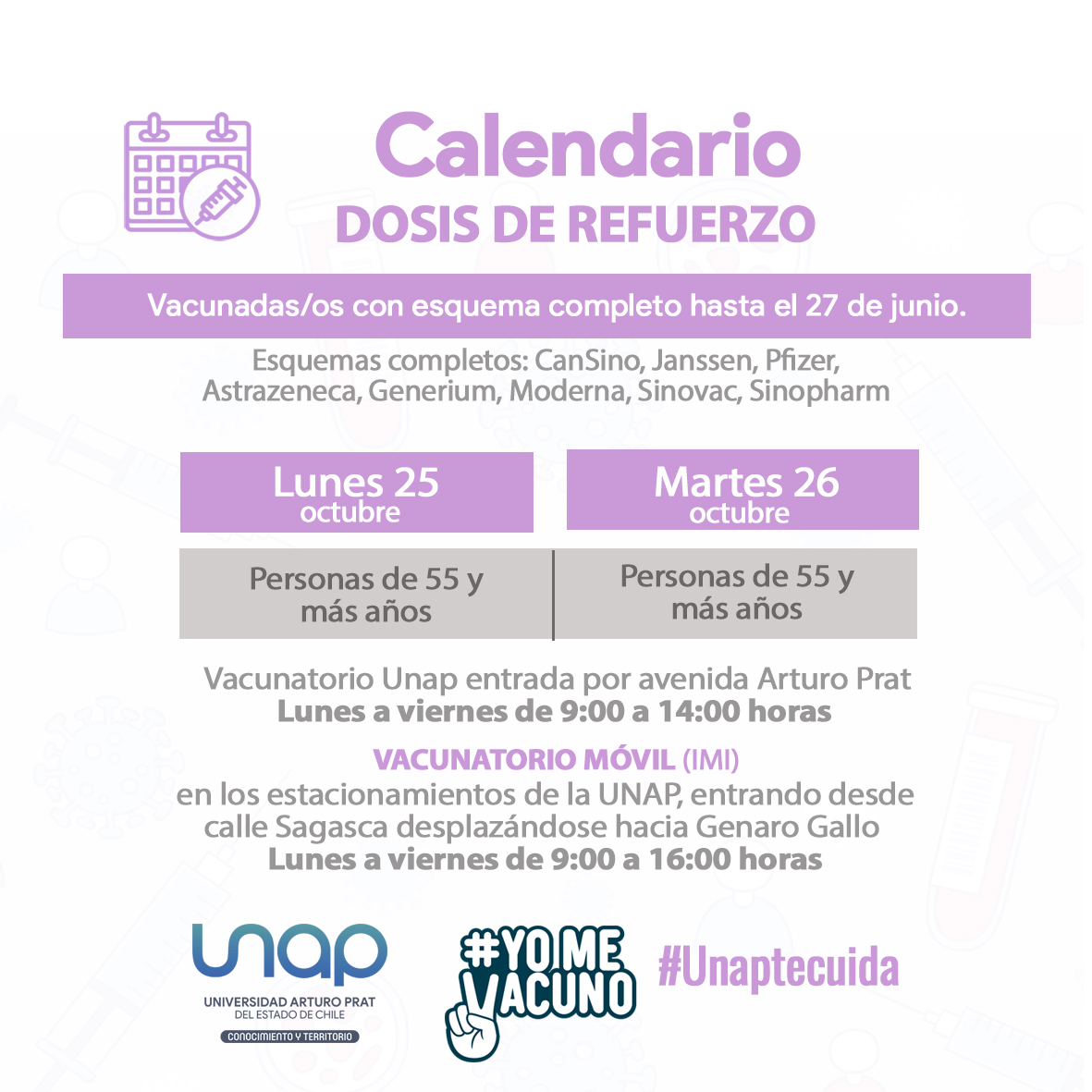 unapcl's tweet photo. [ #UNAPInforma ]
#Recuerda |  Comunidad de la #RegióndeTarapacá, en el estacionamiento de la #UniversidadArturoPrat se esta vacunando.
Compartimos calendario vacunación.  
#ConocimientoYTerritorio #UNAPEstatal #IQUIQUE #RegióndeTarapacá #ProvinciadeIquique #ProvinciadelTamarugal https://t.co/Di3MzEWQ9Y
