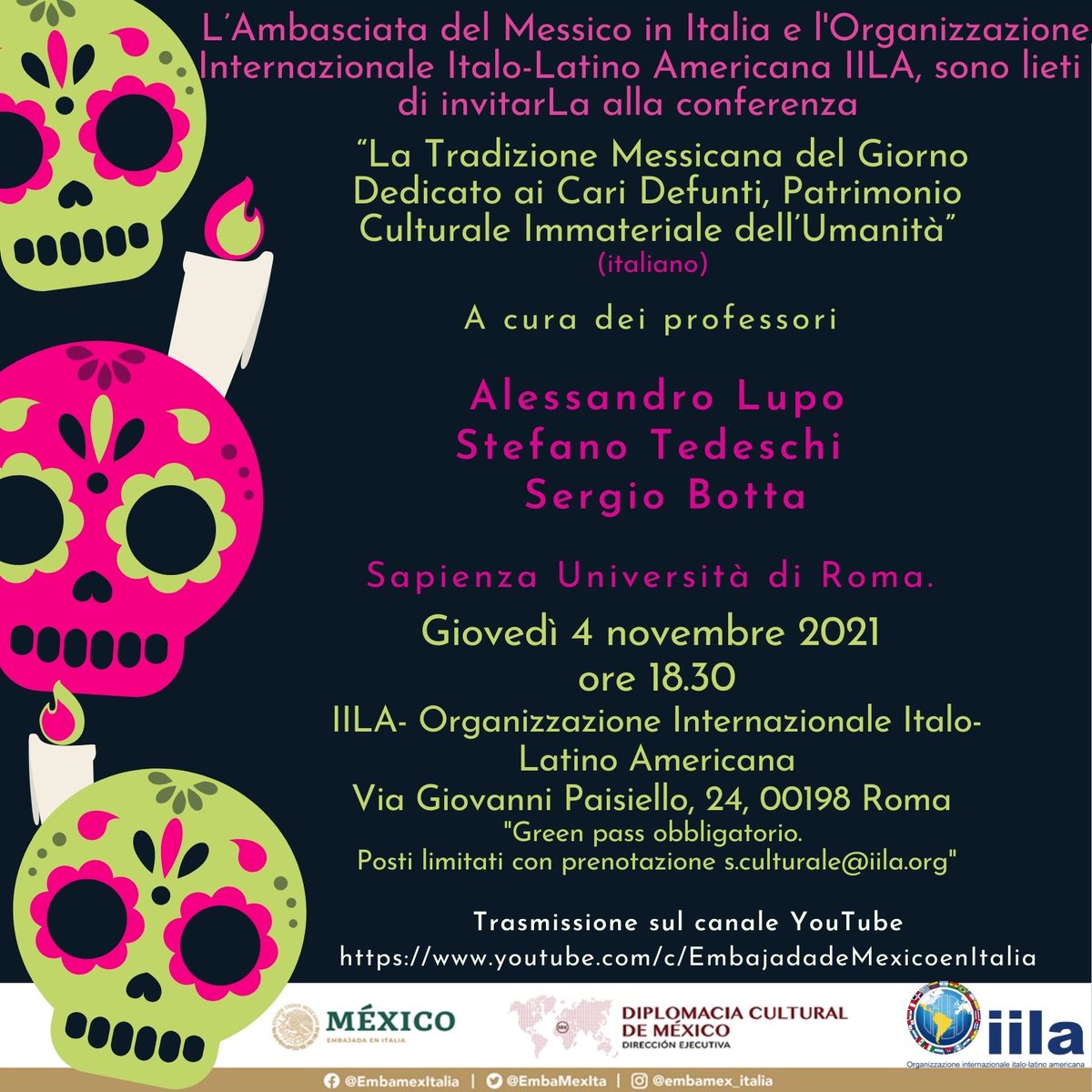 La Embajada de México en Italia celebrará a lo grande el “Día de los Muertos”, una de nuestras más grandes tradiciones.
Lunes 1º de noviembre: <a href="/MuseoPigorini/">Museo Luigi Pigorini</a>.
Martes 2: <a href="/romacervantes/">Instituto Cervantes Roma</a> y <a href="/EmbaMexIta/">Embamex Italia</a>.
Miércoles 3: <a href="/RAERoma/">Academia de España en Roma</a>.
Jueves 4: <a href="/iila_org/">IILA</a>.
#DíaDeLosMuertos
#GiornoDeiMorti
🇲🇽