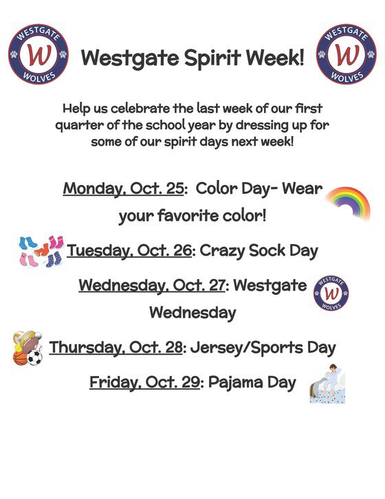 WestgateElem's tweet photo. Westgate Spirit Week is here! 🙌🏻 We can’t wait to see all of our staff and students showing off their Westgate pride! 😊 https://t.co/VysaxobufH