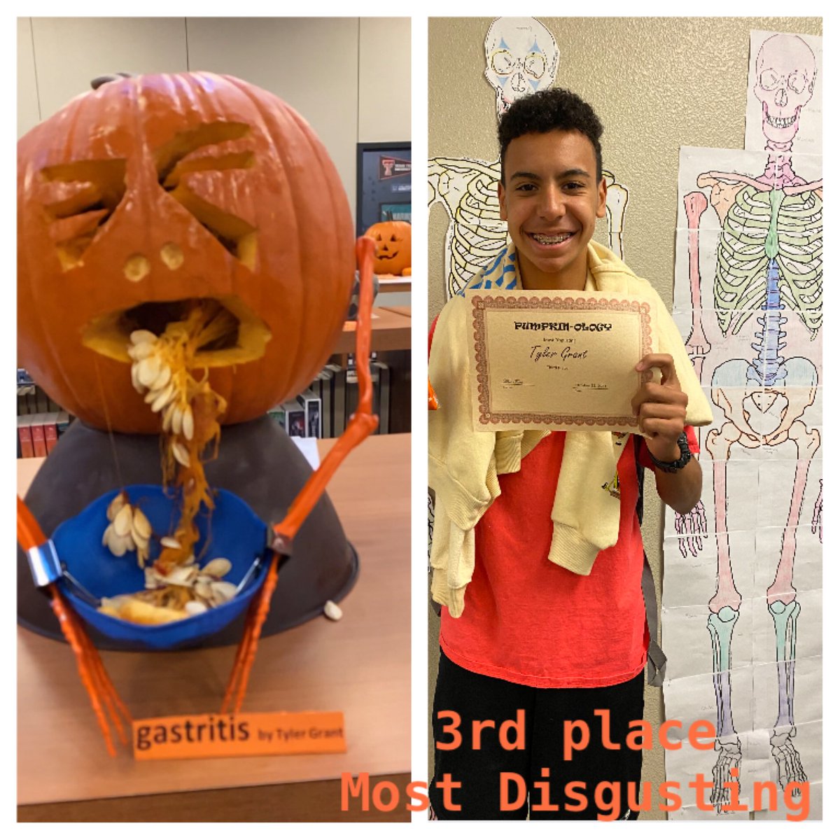 LampasasHealth's tweet photo. Pumpkin-ology Winners for Most Disgusting!  Congratulations Sarah, Hadley, &amp; Tyler!
#WhatADistrictLTX @LampasasHealth @BadgerHS_Prin https://t.co/CyMXPGV8ZZ