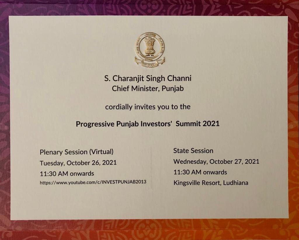 Invitation for Progressive Punjab Investors’ Summit 2021 where the chief guest will be Hon’ble S. Charanjit Singh Channi, Chief Minister of Punjab.

#PPIS2021
#InvestPunjab

@PunjabGovtIndia