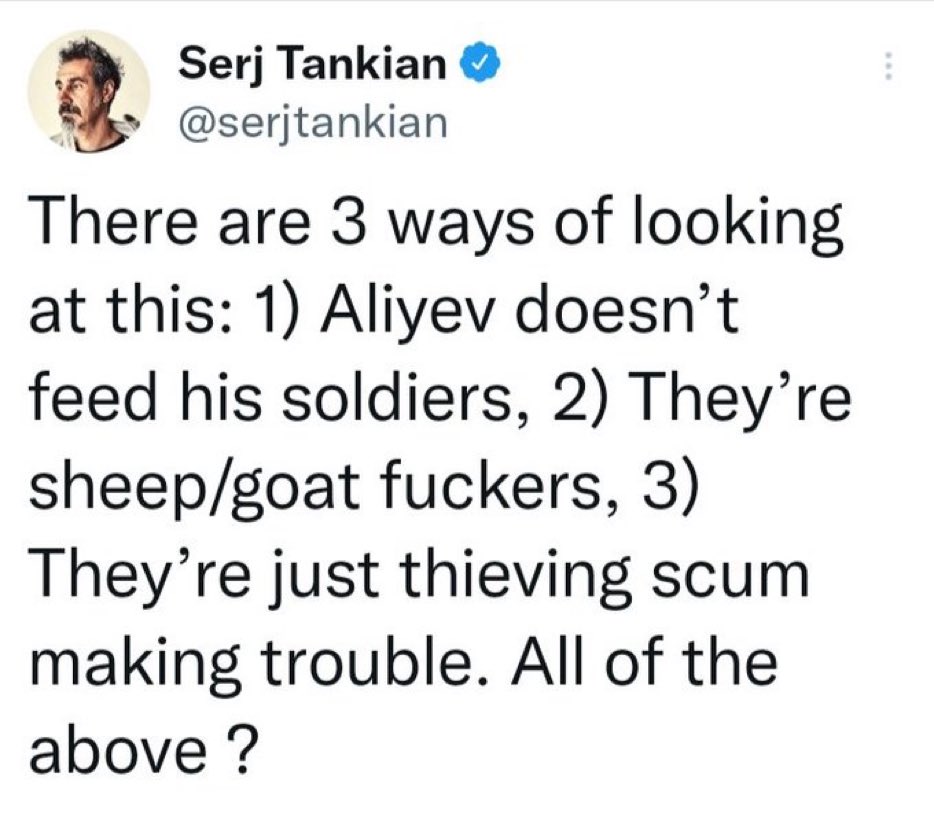 RenaSafarali's tweet photo. #SerjTankianrasist.     The statement below by pop music star very well illustrates that Aze is right to apply to international court and accuse Arm of racism and hatred towards Aze. This will lead to a huge fine https://t.co/aBAkivQciK