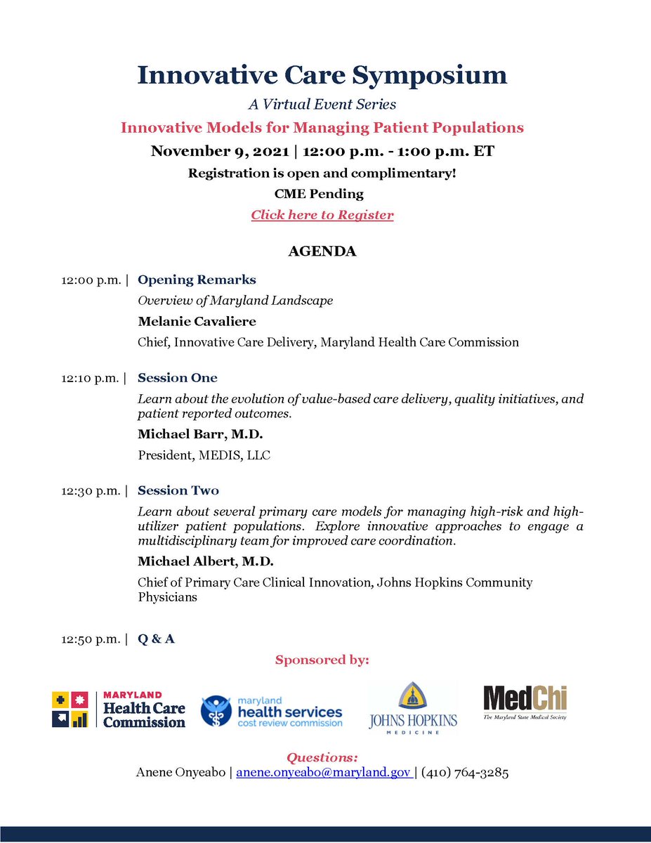 MedChiupdates's tweet photo. MD Health Care Commission, Health Services Cost Review Commission, & MedChi invite you to a symposium on evolution of quality measurement & value-based care delivery models & multi-disciplinary team approaches to managing high-risk & high-utilizer patients-https://t.co/5nApJ1vnAD https://t.co/gOC9sRI9dY