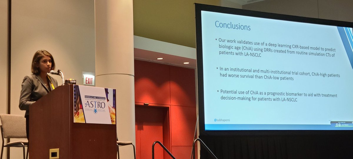Fantastic #ASTRO21 work by HROP coresident <a href="/subhaperni/">Subha Perni, MD</a>. Novel #aging model using #DL #AI on CXR, validating on internal cohort and RTOG-0617. #Precision #medicine with objective #patient #biomarkers is here. 

#HROP <a href="/Dr_RayMak/">Ray Mak, MD</a> <a href="/JackQianMD/">Jack Qian, MD</a> @HannahRobertsMD <a href="/BrighamRadOnc/">Brigham and Women’s Radiation Oncology</a>