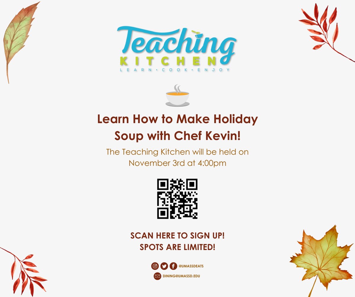 Want to learn how to make a holiday soup? If so, sign up for our Teaching Kitchen on November 3rd at 4:00pm and make soup with Chef Kevin! 

signup.com/mobileweb/2.0/…