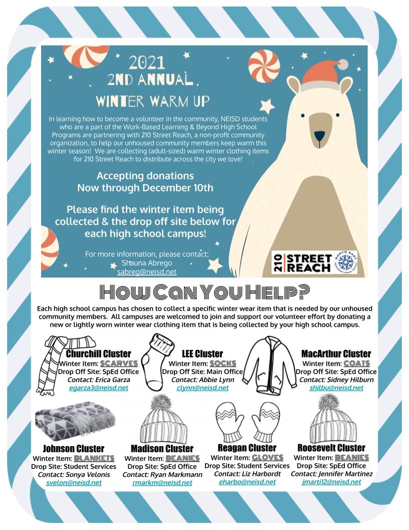 The students at North East Transition Services (NETS) are expanding their partnership with 210 Street Reach to provide supports for people in need within our community. You can join in their efforts by supporting the Winter Warm Up