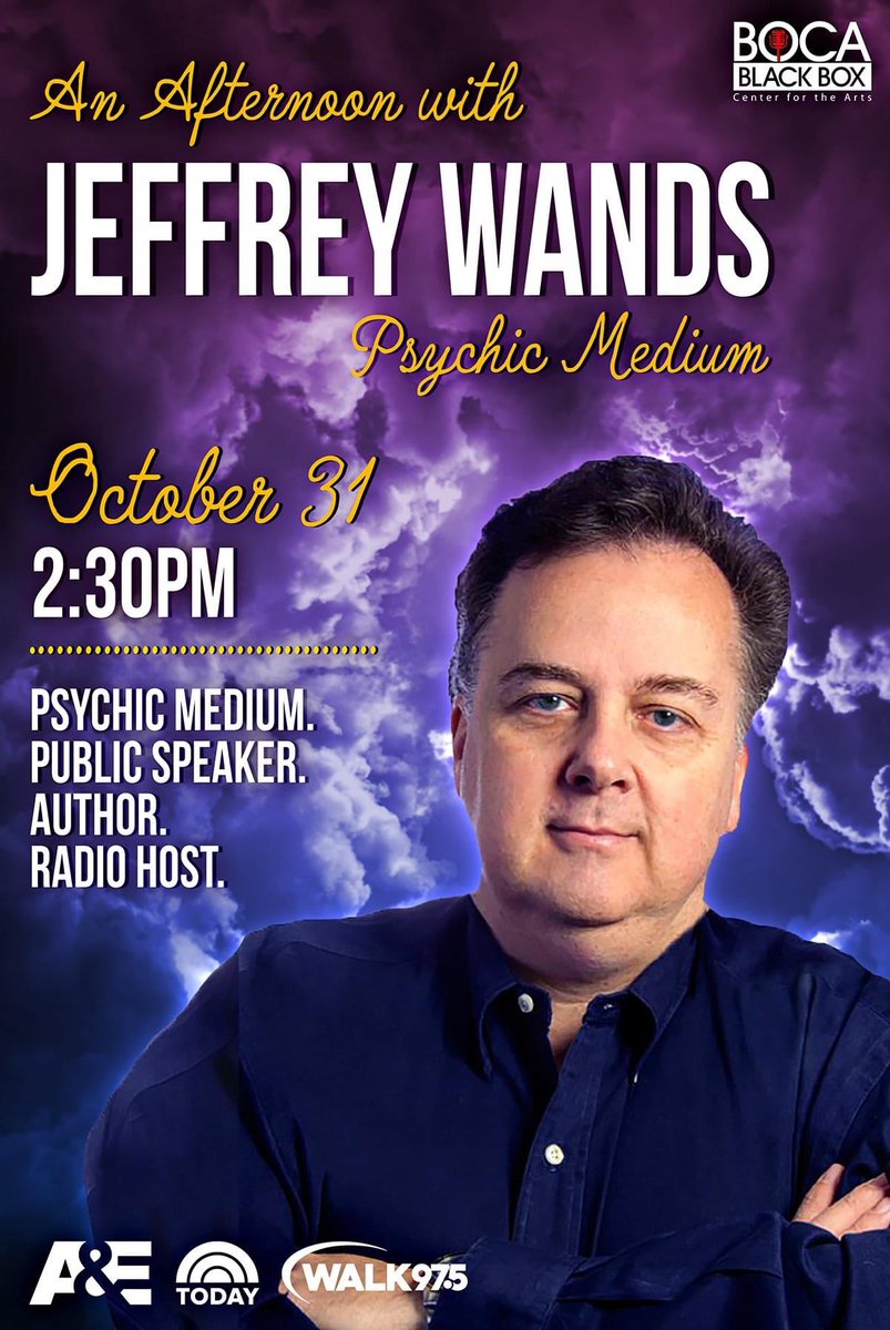 THIS HALLOWEEN! 💥 

Psychic Medium Jeffrey Wands is coming back to the Boca Black Box for the afternoon of Halloween! 

- Sunday, October 31, 2021 / 
2:30 PM - 

TICKETS: bocablackbox.showare.com/JeffreyWandsBBB