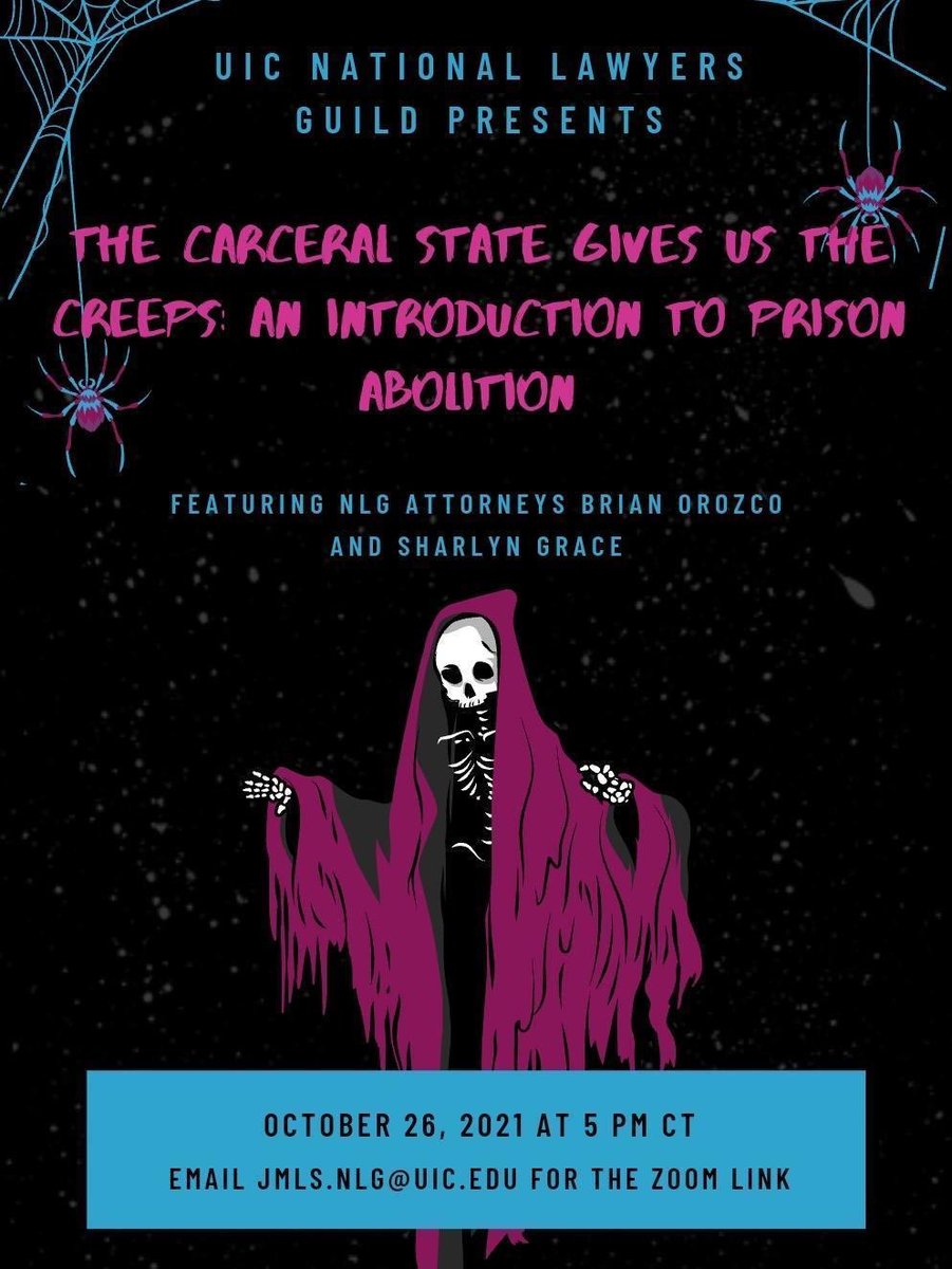 KentLawNLG's tweet photo. Our friends at @JMLS_NLG are hosting an incredible panel tomorrow at 5PM CT with @SharlynDGrace and Brian Orozco to get into the webs of prison abolition. 🕸🕸🕸 For more info, check out the flier or DM us here! 👻👻 https://t.co/qSx5DZrsU4