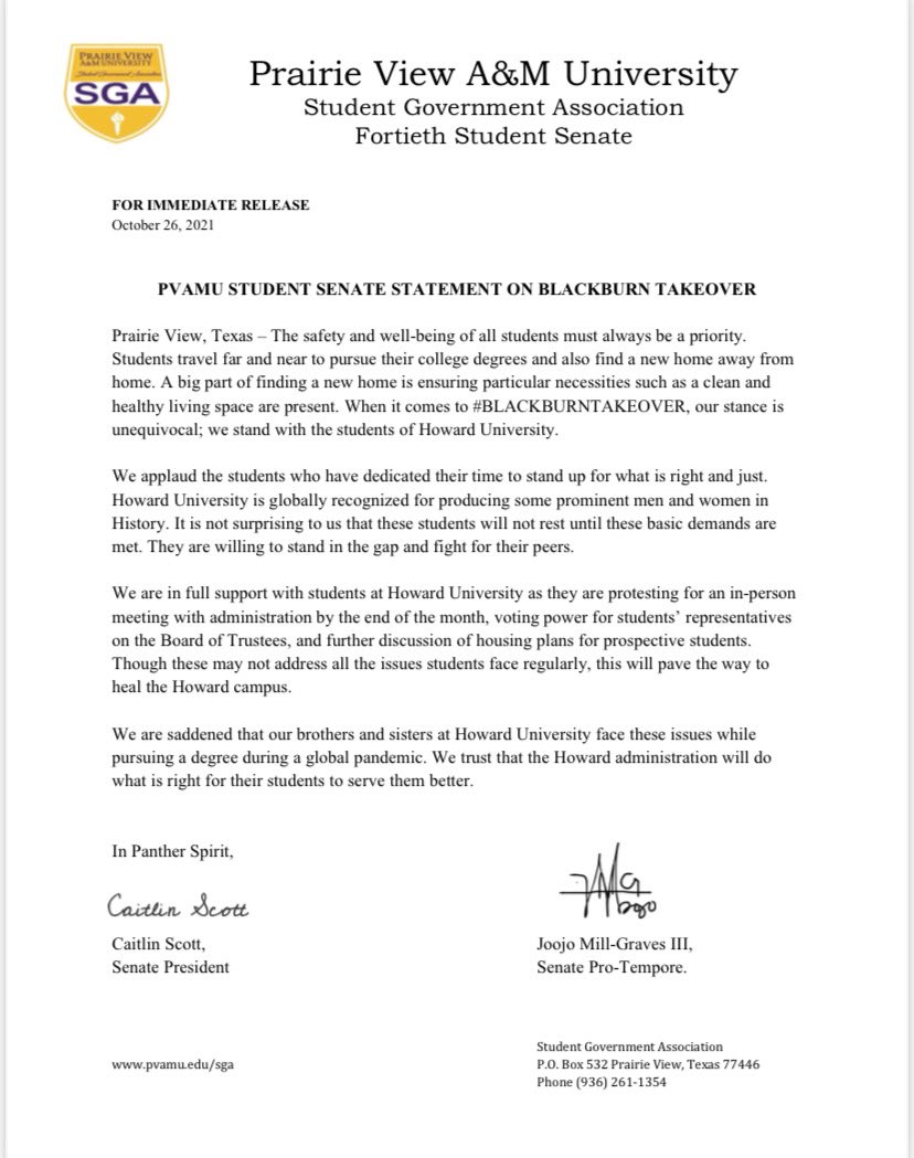 The Refreshing Senate of the 40th Administration stands in support of the students at Howard University as they protest for their needs to be met. Their voices will not be silenced. Continue to fight for your rights as students. #BlackBurnTakeover #HBCUUnity 💛💜❤️💙