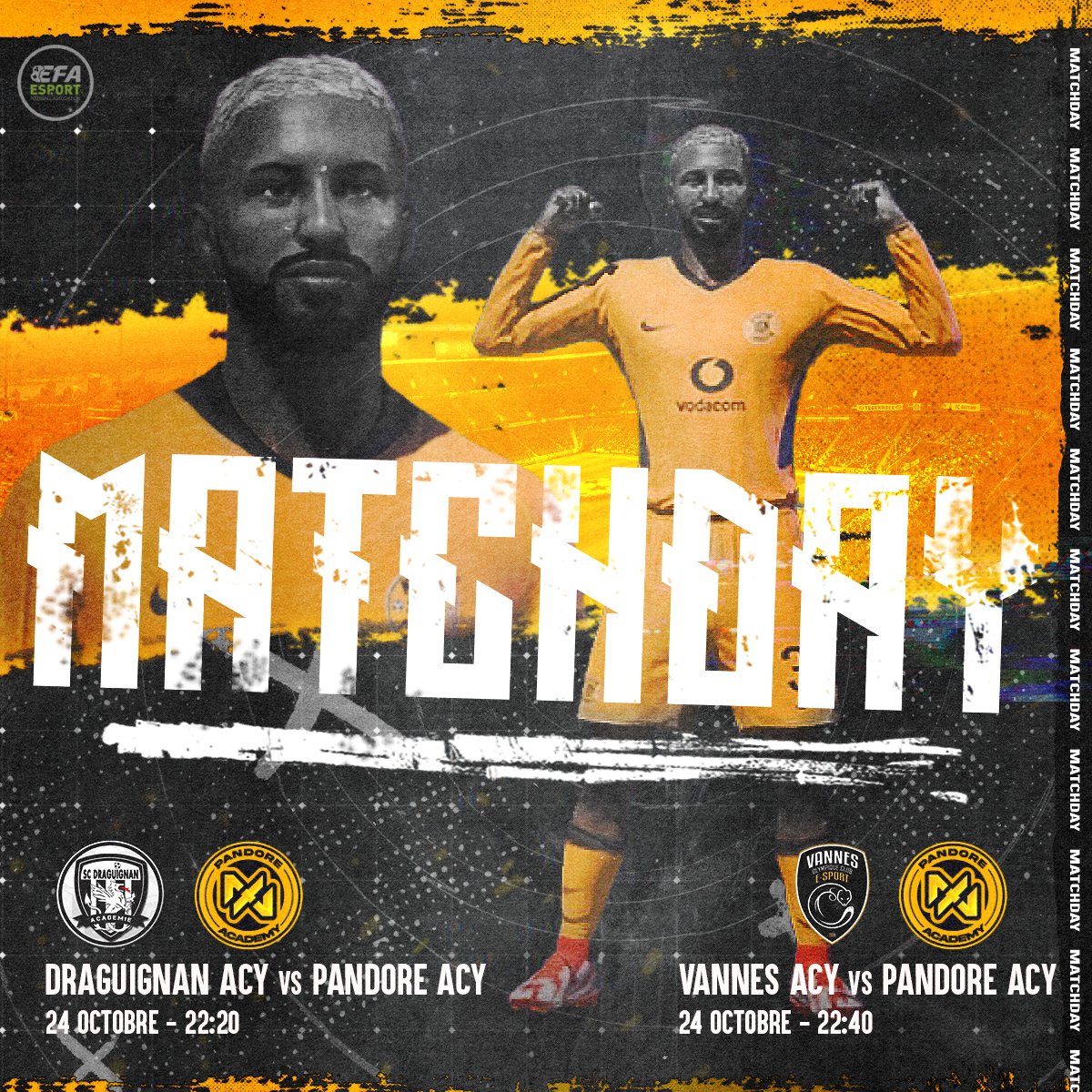 🟡⚫️Match Day⚫️🟡

🏆<a href="/eSportFA_FR/">ESPORT FOR ASSOCIATIONS</a>

Division 3 : Conférence 1

🗓️J5
🕖22:20
✈️@SCDraguignan_AC
 
🗓️J6
🕖22:40
✈️@VOC_Academie
 
📺twitch.tv/pandoreacademy

🟡⚫️Let's go Pandore⚫️🟡