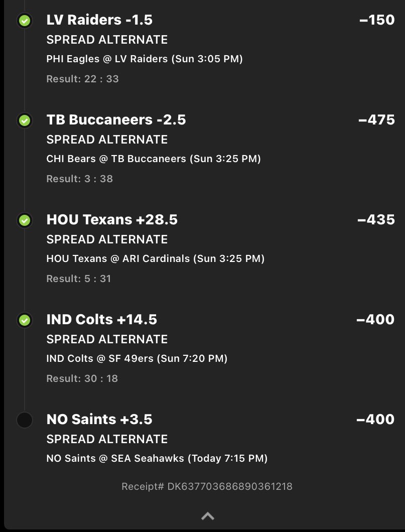 garrettbaue's tweet photo. Not cashing out, all comes down to Saints +3.5 tonight… Wish me luck y’all 🤞@DraftKings https://t.co/2lp4Cnh18i