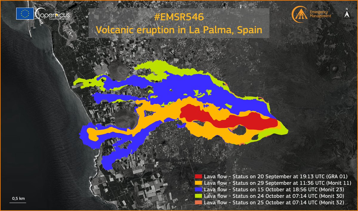 CopernicusEMS's tweet photo. #EMSR546 #ErupciónLaPalma

Our #RapidMappingTeam has released its 3️⃣2⃣nd updated map

It is based on @ASI_spazio COSMO-Skymed 1m 
spotlight radar imagery

As of 25 October at 07:14 UTC:
▶️ Extent of the lava flow: 906.3 ha (+5.1 ha in ~24h)
▶️ 2,162 destroyed buildings🏠 (+16) https://t.co/bHKYT7KHj4