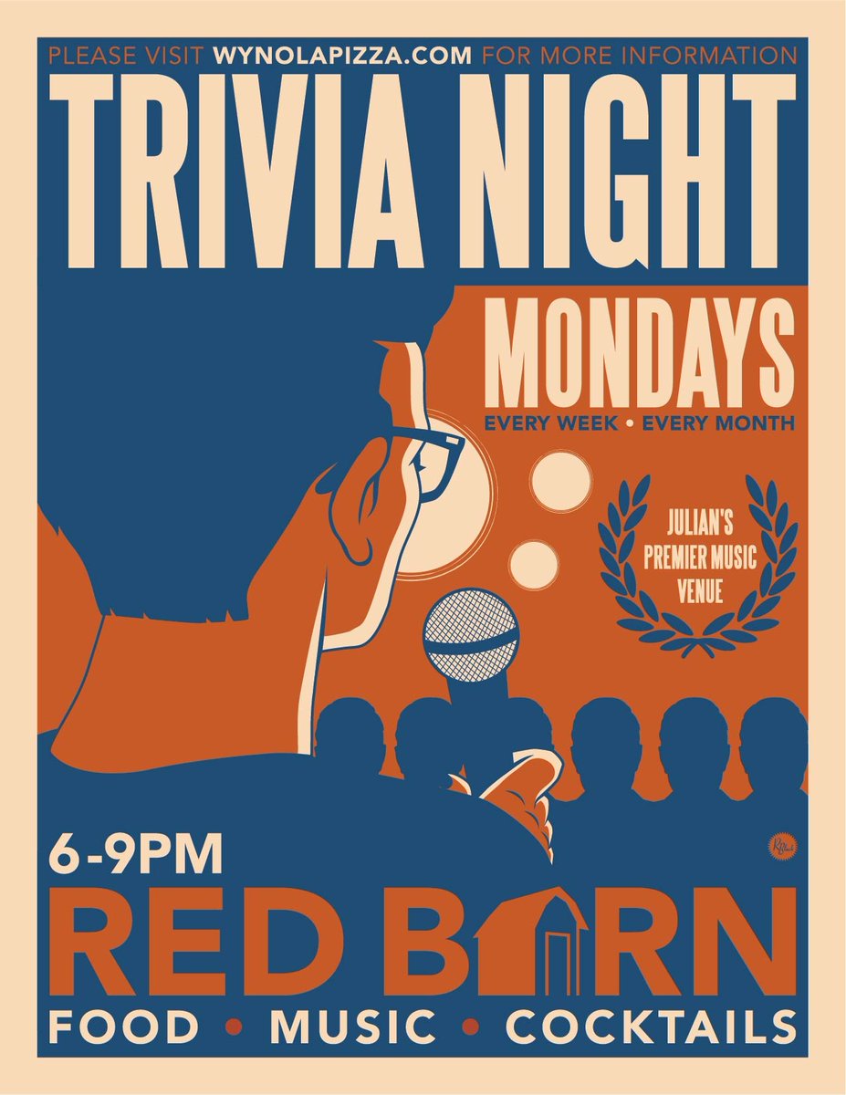 WynolaB's tweet photo. Tonight is TRIVIA! 

Every MONDAY Night! 6 PM - 8 PM In the Red Barn! Grab some wood-fired pizza, a craft cocktail and enjoy a night of fun! 

#WynolaPizzaAndBistro #RedBarn #Wynola #Pizza #Trivia #Entertainment #Bar #Beer #Wine #DraftBeef #Tap https://t.co/Z6fTajjKrW