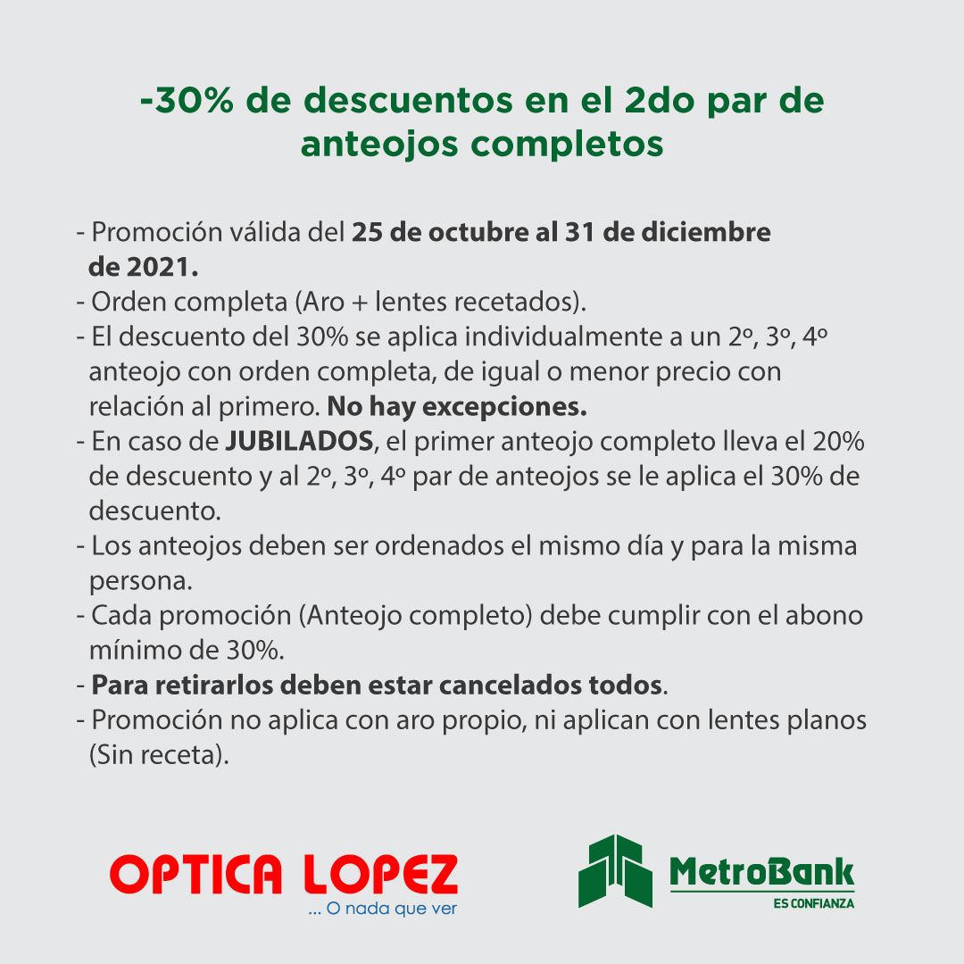 opticalopezpty's tweet photo. ✨A partir del 25 de octubre hasta el 31 de diciembre tendremos un 30% de descuento en tu segundo par de anteojos completos  (aro + lentes recetados) al pagar con tu tarjeta del Metrobank (VISA, MASTER CARD o CLAVE) https://t.co/kbsTP7pjOV
