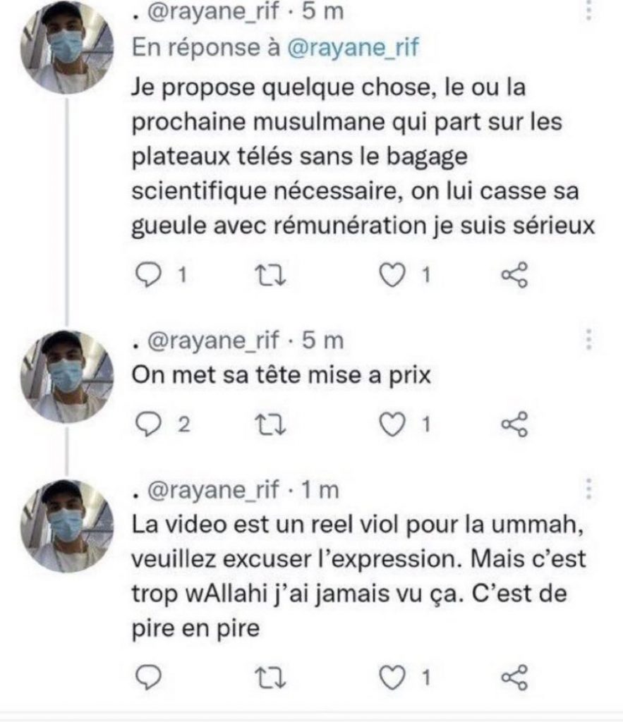 GilbertCollard's tweet photo. Parce qu'une femme enlève son #voile, elle se fait menacer : #Darmanin doit agir, protéger cette femme et punir les fous du #djihad qui appellent au meurtre : aucune concession ! ##RachidaBoukris https://t.co/Guws93GCDF