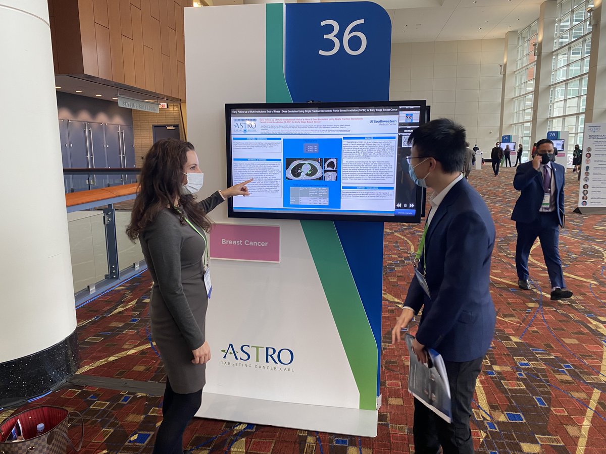 UTSW_RadOnc's tweet photo. Dr. Asal Rahimi discussing "Early Follow-up of Multi-institutional Trial of a Phase I Dose Escalation Using Single Fraction Stereotactic Partial Breast Irradiation (S-PBI) for Early Stage Breast Cancer" at #ASTRO21. https://t.co/U5jCEvE8ST