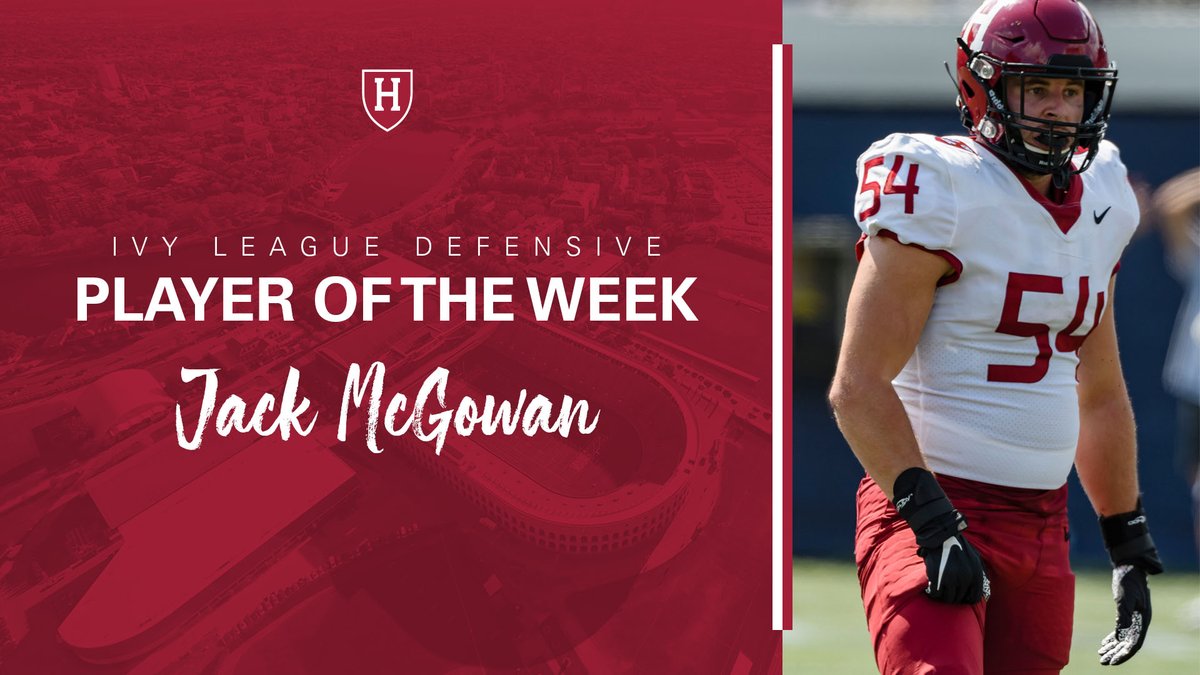 HarvardFootball's tweet photo. After making 11 stops on Saturday, @J_McGowan32 is the Ivy League Defensive Player of the Week!

📰: https://t.co/CE9usKSK2f

#OneCrimson #GoCrimson https://t.co/RnmQ9Rq5PV