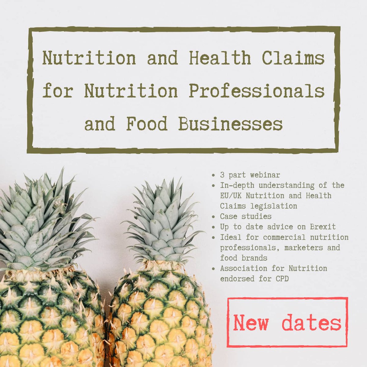New dates for my AfN accredited nutrition and health claims webinar for brands and HCPs!
-
When? 3rd Nov at 8pm for 3 consecutive weeks.
-
Where? Zoom.
-
Book your place here: clairebaseley.co.uk/webinars/