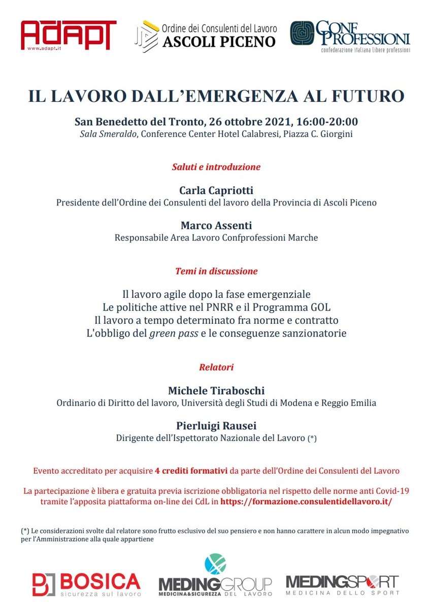 Domani con l'amico <a href="/MicheTiraboschi/">Michele Tiraboschi</a> a S. Benedetto del Tronto insieme a <a href="/adaptland/">ADAPTLAND</a> CdL Ascoli Piceno e <a href="/Confprofessioni/">Confprofessioni</a> Marche per fare il punto su lavoro agile, politiche attive e GOL, contratti a termine, green pass (con pillole di sicurezza sul lavoro dopo il d.l. n. 146/2021)