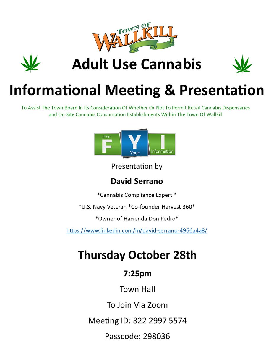 TownWallkill's tweet image. Please join us on Thursday for the Adult Use Cannabis Informational Meeting &amp;amp; Presentation
To Assist The Town Board In Its Consideration Of Whether Or Not To Permit Retail Cannabis Dispensaries and On-Site Cannabis Consumption Establishments Within The Town Of Wallkill