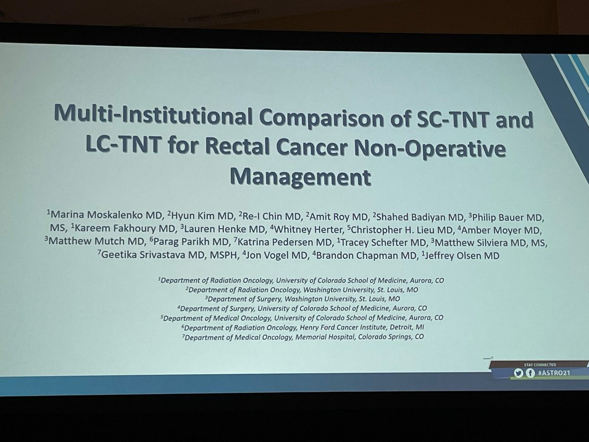 Extremely grateful for the opportunity to present the results of our collab with @WashURadOnc at #ASTRO21 showing improved cCR with SC-TNT compared to LC-TNT for LARC NOM! Many thanks for all the support! @ Drs. Olsen &amp; Chapman <a href="/adapthyun/">Hyun Kim</a> <a href="/ReIChinMD/">Re-I Chin</a> <a href="/radoncbme/">Parag Parikh</a> <a href="/CUCancerCenter/">CU Cancer Center</a>